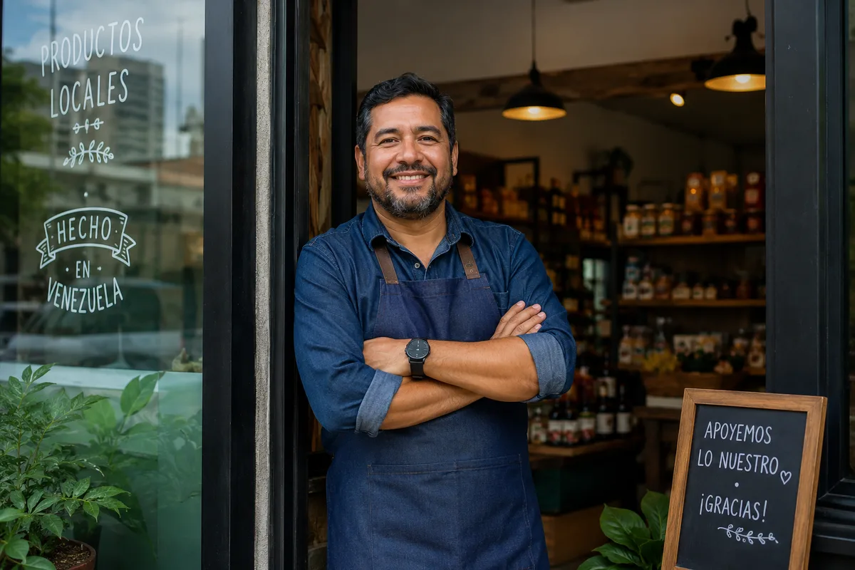 Dueño de un comercio local venezolano en la puerta de su negocio