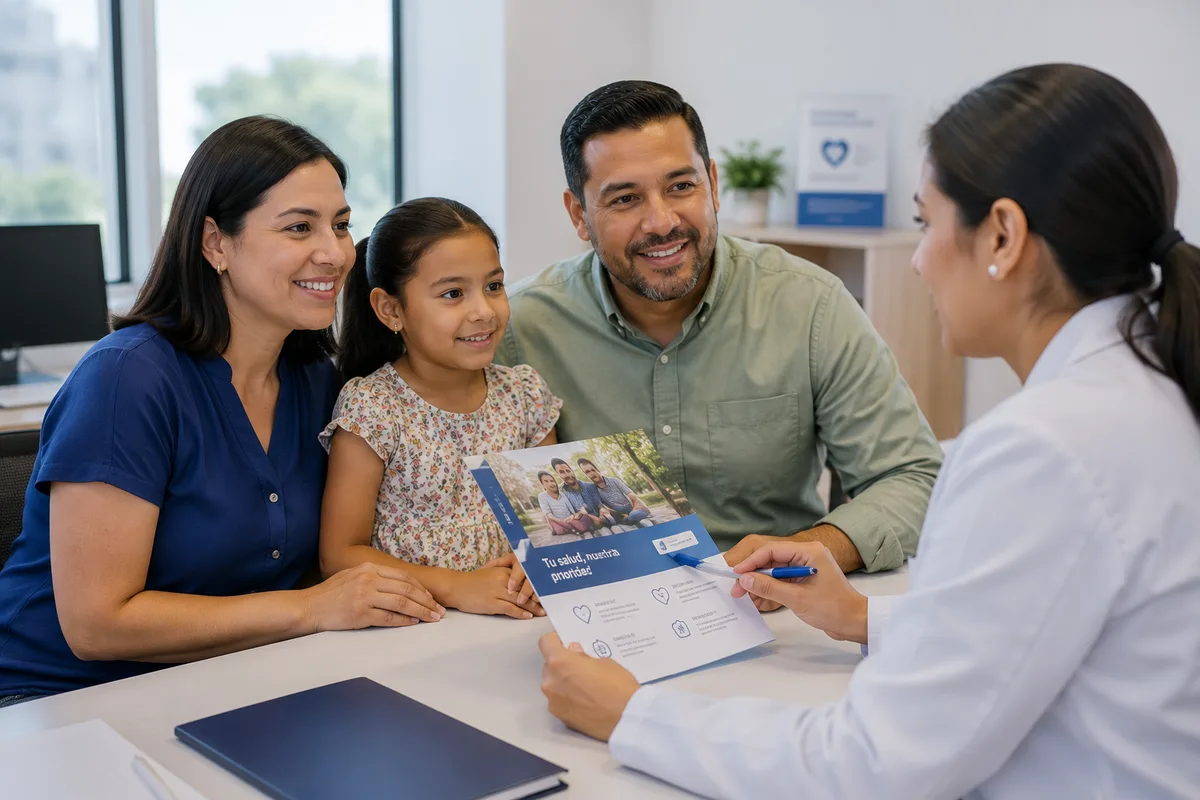 Familia revisando su cobertura de salud con una asesora de GP Group