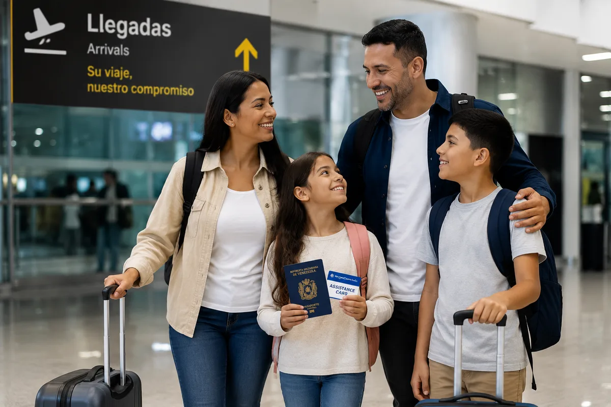 Familia venezolana llegando a su destino con pasaporte y tarjeta de asistencia de viaje